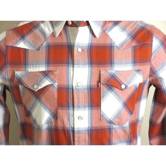 Levi's Men's Western Snap Front Plaid Red White Blue Cotton Shirt Classic NWT - Picture 4 of 6